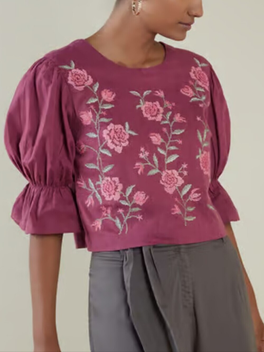 Embroidered Rose Puff-Sleeve Crop Top in Dusty Rose